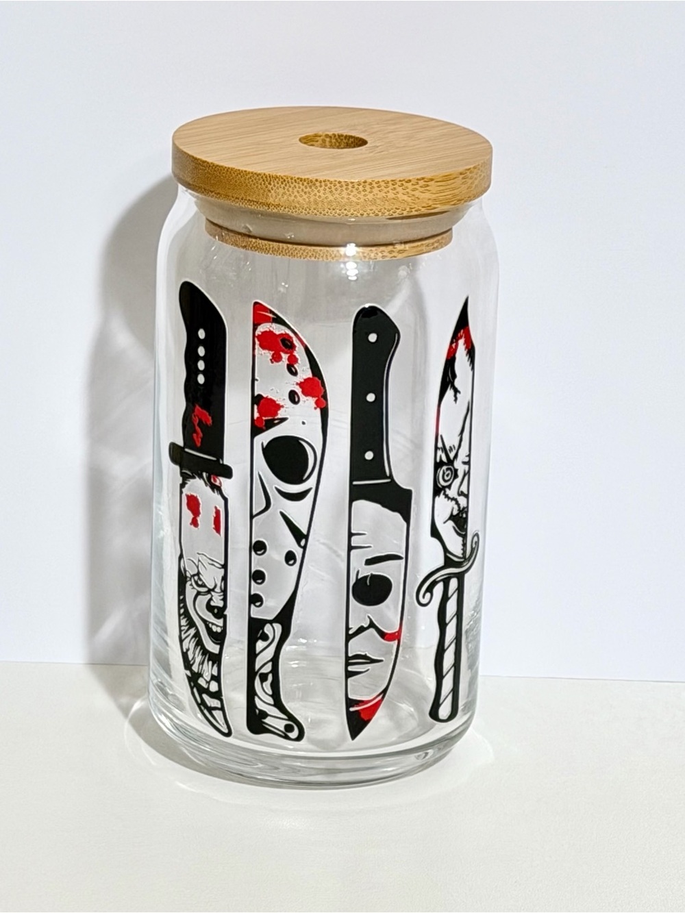 Halloween Horror knives 16oz Libby Can Glass Tumbler with Bamboo Lid